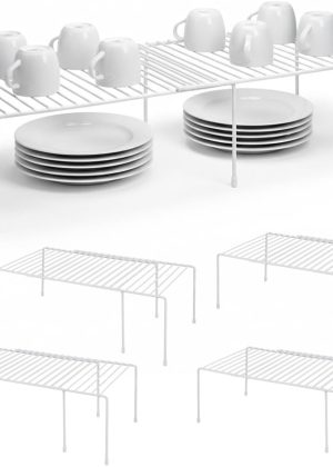 4-Pack Expandable Medium (13.4-25.1x9inch) Kitchen Organizer Rack, Kitchen Shelves for Spice Organization for Cabinet, Pantry Organizers and Storage, Spice Rack, Desk Organizer, White