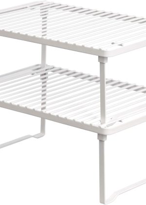 Space-Saving Stackable Metal Kitchen Cabinet Organizer Shelves for Dishes, Pantry Organization, 12.5" L x 8" D x 4.5" H, Set of 2, White
