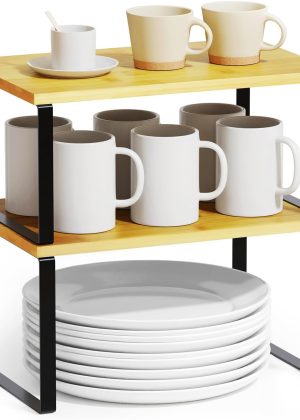 Cabinet Shelf Organizers 2 Pack, Kitchen Counter Rack Shelves Riser, Stackable Expandable Spice Rack, Pantry Cupboard Storage Organization (Black and Natural, Short)