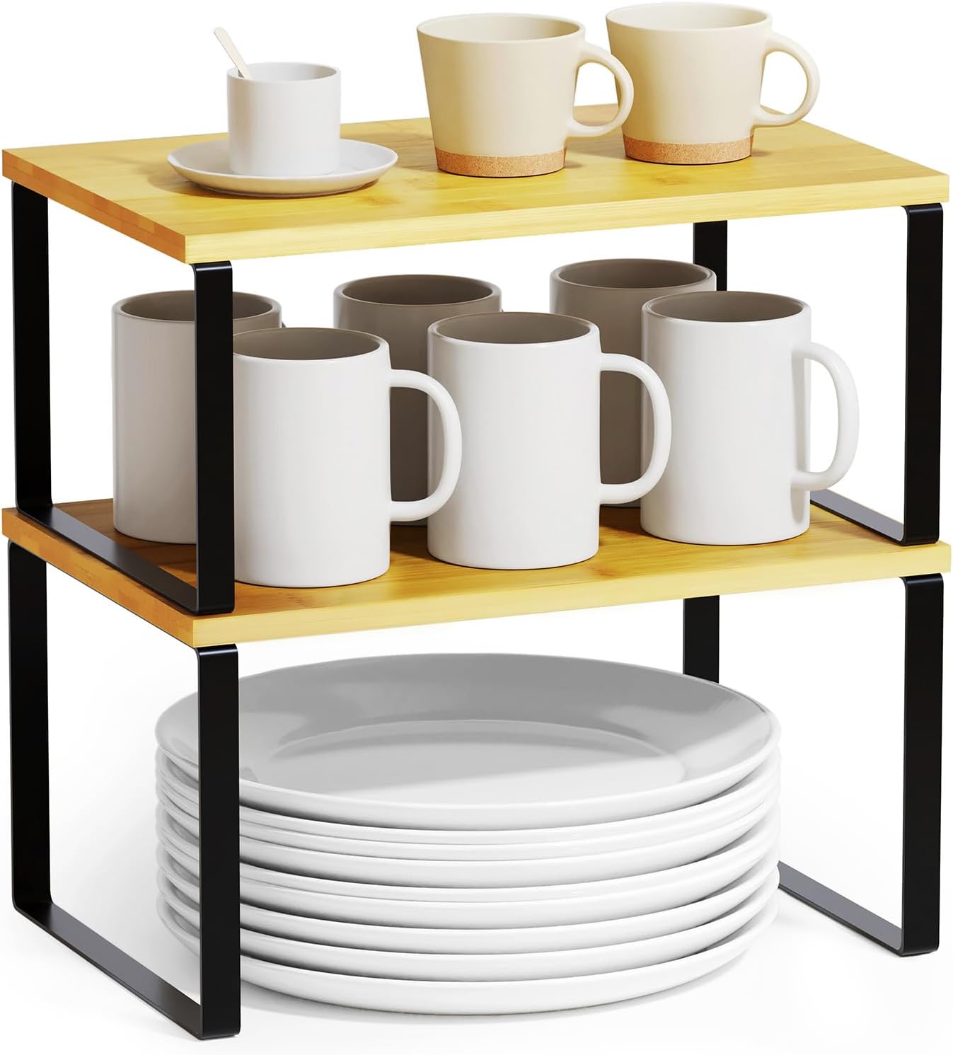 Cabinet Shelf Organizers 2 Pack, Kitchen Counter Rack Shelves Riser, Stackable Expandable Spice Rack, Pantry Cupboard Storage Organization (Black and Natural, Short)