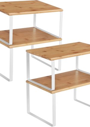 Cabinet Organizer Shelf, Set of 4 Kitchen Counter Shelves, Kitchen Storage, Spice Rack, Stackable, Expandable, Metal and Engineered Wood, Cloud White and Natural Beige