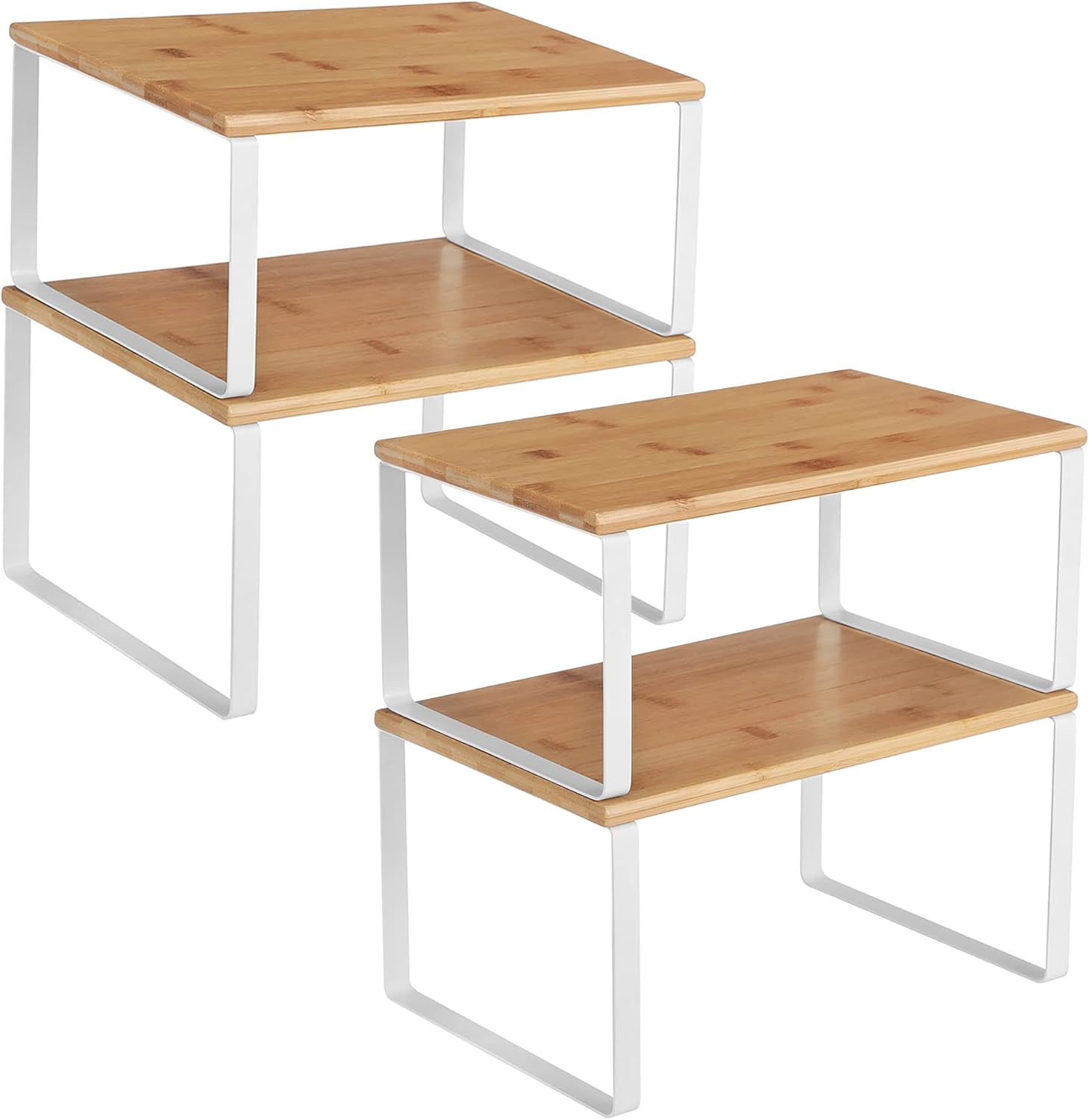 Cabinet Organizer Shelf, Set of 4 Kitchen Counter Shelves, Kitchen Storage, Spice Rack, Stackable, Expandable, Metal and Engineered Wood, Cloud White and Natural Beige