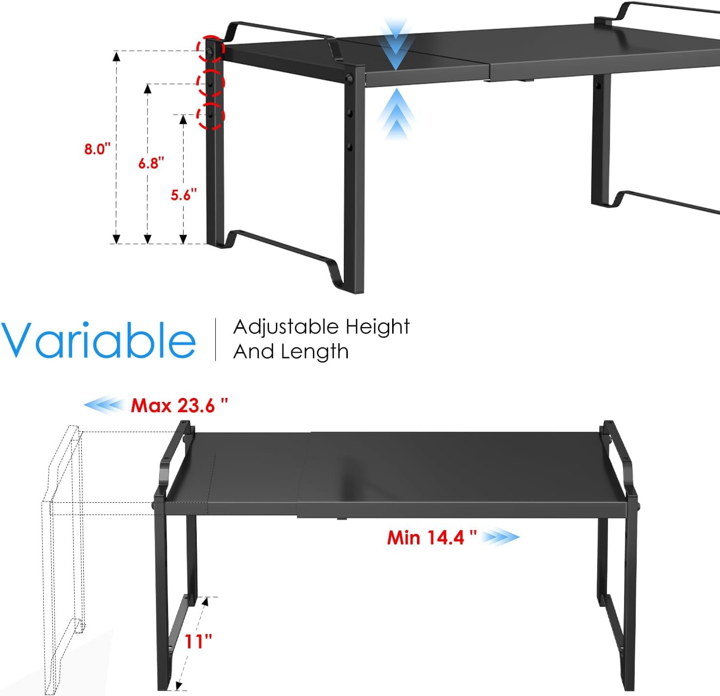 2 Pack 11” Width Expandable Kitchen Cabinet Organizer Shelves, Metal Kitchen Countertop Organizers and Storage Shelving, Heavy Duty Stackable Storage Rack Shelf For Pantry Cupboard Counter Tabletop - Image 2
