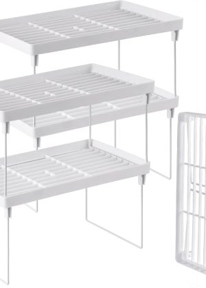 4-Pack Stackable Plastic Kitchen Storage Shelf Foldable Rack - White Kitchen Cabinet Organizer and Storage Shelves Stackable Expandable Storage Racks for Counter Cabinet Pantry