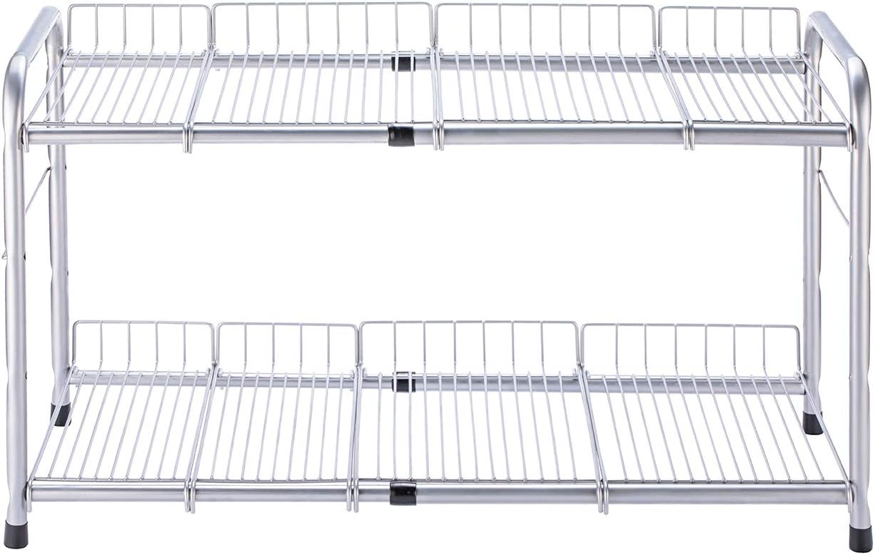 2 Tier Under Sink Organizers and Storage Rack Expandable Cabinet Shelf for Kitchen Bathroom Silver (17-25 inches)