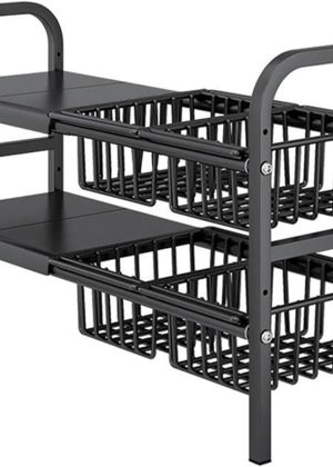 Under Sink Organizers, 2 Tier Stretchable Cabinet Shelf Organizer with 4 Removable Panels and 4 Under Shelf Basket for Under Bathroom Storage,Under Cabinet Shelves,kitchen Sink Storage Rack (black)