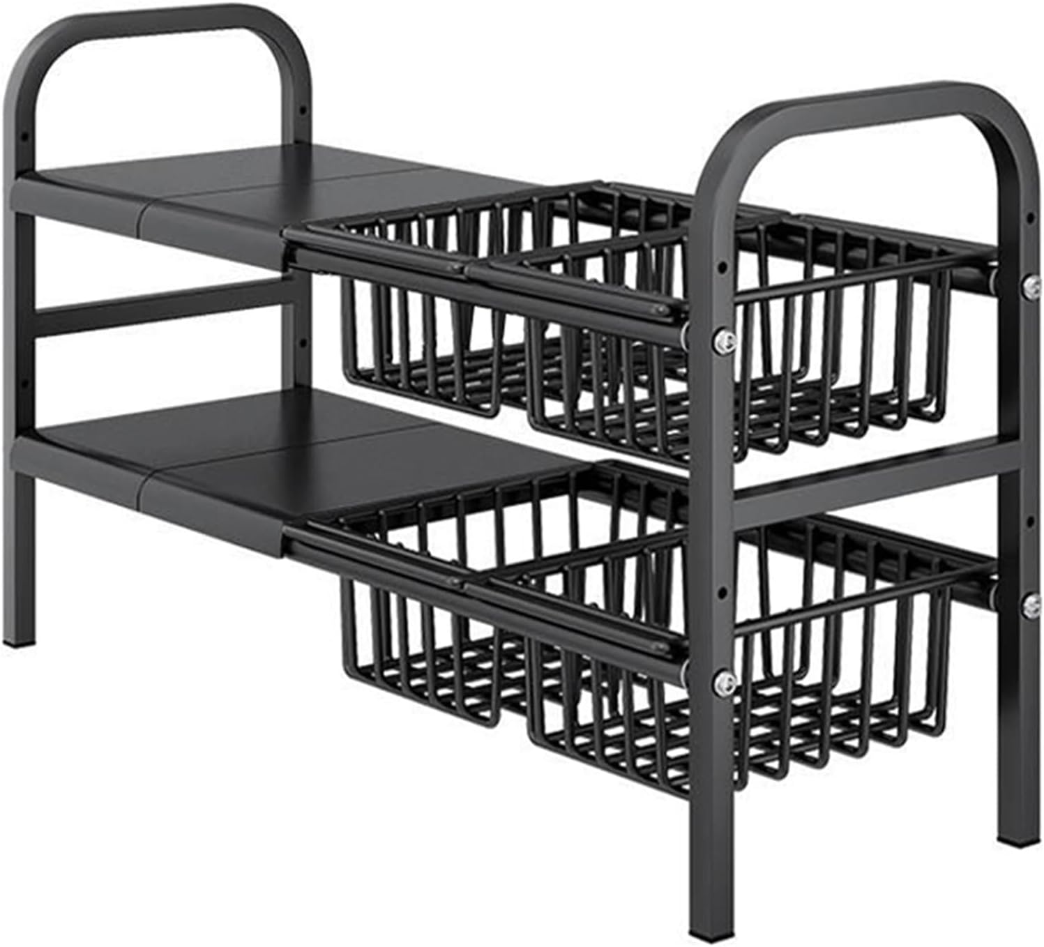 Under Sink Organizers, 2 Tier Stretchable Cabinet Shelf Organizer with 4 Removable Panels and 4 Under Shelf Basket for Under Bathroom Storage,Under Cabinet Shelves,kitchen Sink Storage Rack (black)