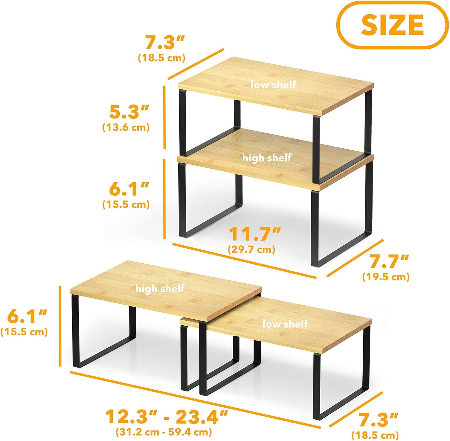 Cabinet Shelf Organizers 2 Pack, Kitchen Counter Rack Shelves Riser, Stackable Expandable Spice Rack, Pantry Cupboard Storage Organization (Black and Natural, Short) - Image 2