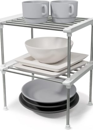 Cabinet Organizer Shelf, Set of 2 Stackable Kitchen Counter Shelves, Kitchen Cabinet Organizers and Storage, Pantry Storage Shelf Organizer, 9.8 x 7.8 x 6.1 - White