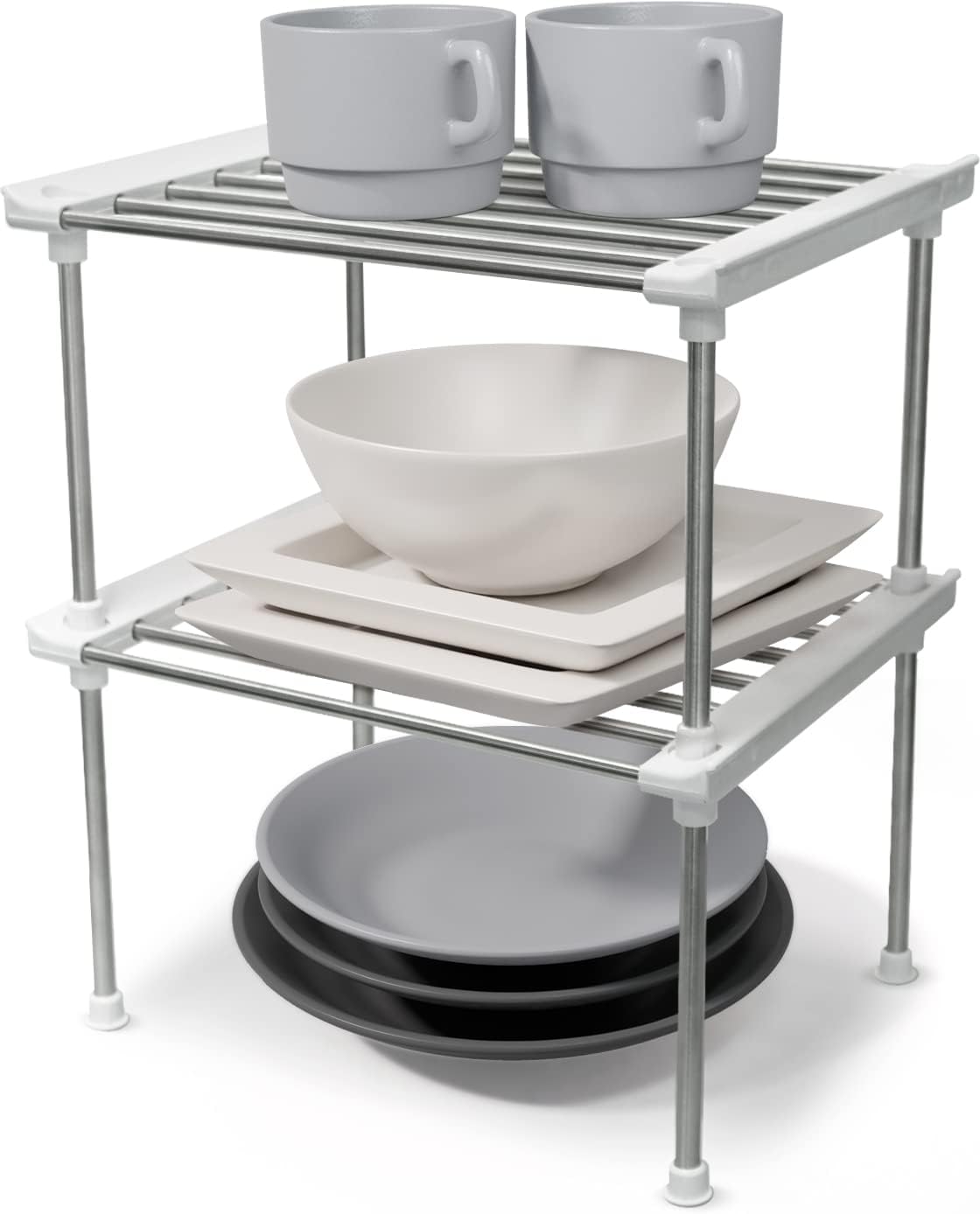 Cabinet Organizer Shelf, Set of 2 Stackable Kitchen Counter Shelves, Kitchen Cabinet Organizers and Storage, Pantry Storage Shelf Organizer, 9.8 x 7.8 x 6.1 - White