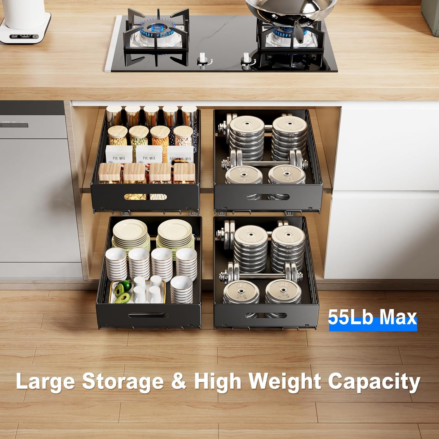 2 Pack Pull Out Cabinet Organizer, Slide Out Drawers for Cabinets, Peel and Stick, Heavy Duty Shelves for Kitchen, Cupboard, Pantry, Bathroom (16.5"D*11.8"W*3.94"H-Black) - Image 2