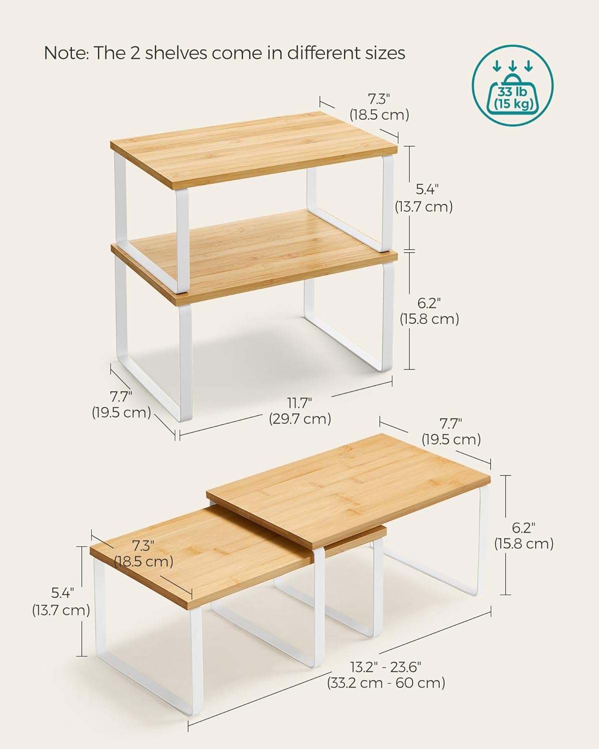 Cabinet Organizer Shelf, Set of 4 Kitchen Counter Shelves, Kitchen Storage, Spice Rack, Stackable, Expandable, Metal and Engineered Wood, Cloud White and Natural Beige - Image 2