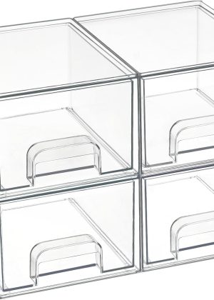 4-Pack Small Clear Stackable Acrylic Storage Drawers – Plastic storage boxes suitable for bathroom cosmetics, dressing tables, under sinks, kitchen cabinets, and pantry