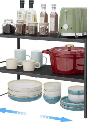 2 Pack 11” Width Expandable Kitchen Cabinet Organizer Shelves, Metal Kitchen Countertop Organizers and Storage Shelving, Heavy Duty Stackable Storage Rack Shelf For Pantry Cupboard Counter Tabletop