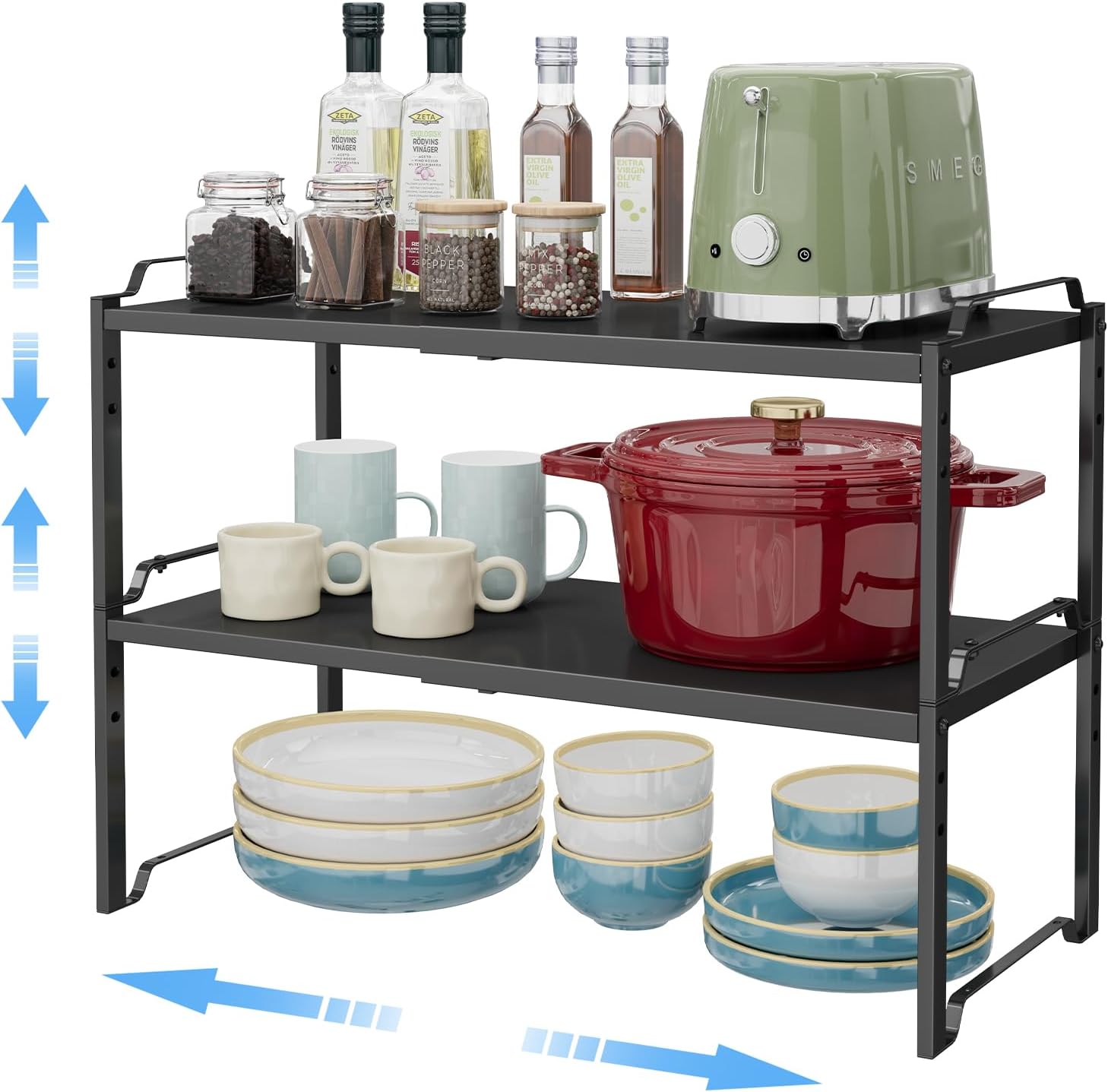 2 Pack 11” Width Expandable Kitchen Cabinet Organizer Shelves, Metal Kitchen Countertop Organizers and Storage Shelving, Heavy Duty Stackable Storage Rack Shelf For Pantry Cupboard Counter Tabletop
