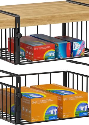 2Pack Under Shelf Basket Organizer,Adjustable Hanging Holder Storage for Cabinet Pantry Kitchen Cupboard Desk Counter Bookshelf Organization Add-on Space Saver Heavy Duty Slide-in,Black