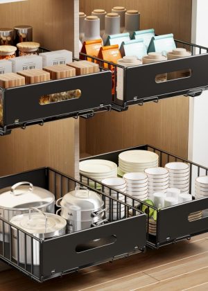 2 Pack Pull Out Cabinet Organizer, Slide Out Drawers for Cabinets, Peel and Stick, Heavy Duty Shelves for Kitchen, Cupboard, Pantry, Bathroom (16.5"D*11.8"W*3.94"H-Black)