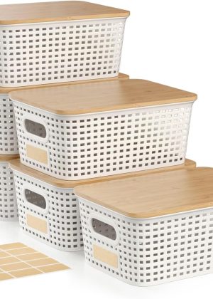 6-Pack White Plastic Storage Boxes with Bamboo Lids – 9x7x4 inch stackable storage box, labeled, suitable for pantry, office cabinets, drawers, wardrobes, and shelves