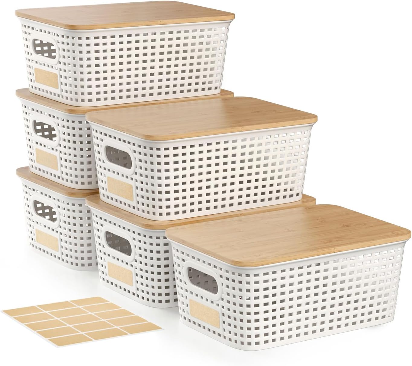 6-Pack White Plastic Storage Boxes with Bamboo Lids – 9x7x4 inch stackable storage box, labeled, suitable for pantry, office cabinets, drawers, wardrobes, and shelves