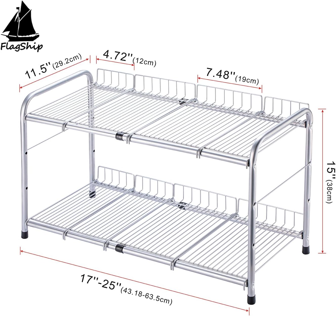 2 Tier Under Sink Organizers and Storage Rack Expandable Cabinet Shelf for Kitchen Bathroom Silver (17-25 inches) - Image 2