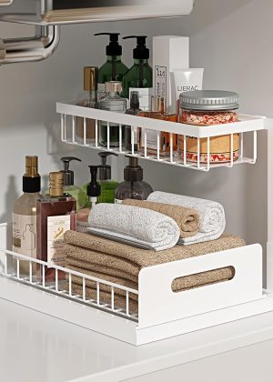 Under Sink Organizer, Pull Out Cabinet Organizer 2 Tier Slide Out Sink Shelf Cabinet Storage Shelves, Under Sink Storage for Kitchen Bathroom Cabinet, White, 1 Pack