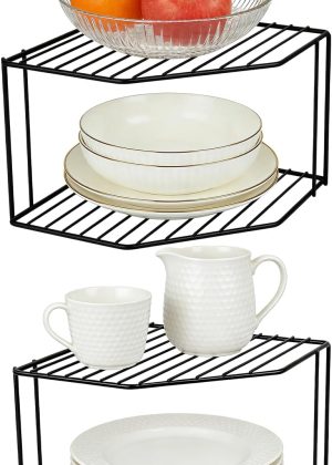 2Pcs 2-Tier Corner Stackable Organizer Shelf - Cabinet Storage Shelf Rack, Shelves，Kitchen Counter and Cabinet Shelf, Storage Rack Organizer for Kitchen (Black)