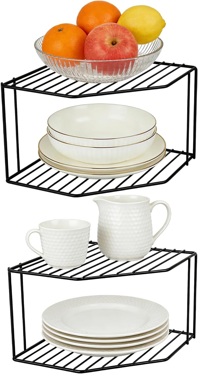 2Pcs 2-Tier Corner Stackable Organizer Shelf - Cabinet Storage Shelf Rack, Shelves,Kitchen Counter and Cabinet Shelf, Storage Rack Organizer for Kitchen (Black)