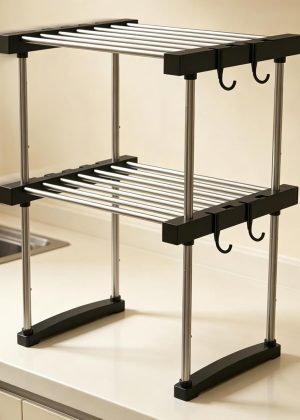 Expandable Under Sink Organizer, 2-Tier Adjustable Storage Shelf with Hooks, Heavy-Duty Stainless Steel Cabinet Rack for Kitchen Pantry & Bathroom Vanity, Stackable Organization System