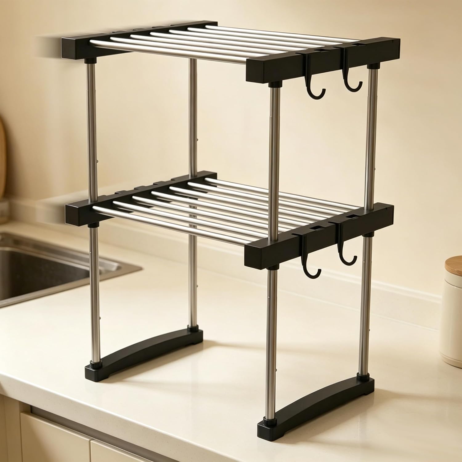 Expandable Under Sink Organizer, 2-Tier Adjustable Storage Shelf with Hooks, Heavy-Duty Stainless Steel Cabinet Rack for Kitchen Pantry & Bathroom Vanity, Stackable Organization System