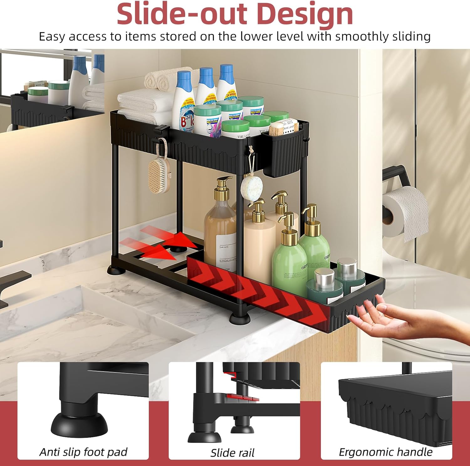 4 Pack Under Sink Organizer, Bathroom Organizers and Storage, 2 Tier Multi-Use Pull Out Cabinet Organizer with Hang Hooks and Cups (Black, 4 Pack) - Image 2