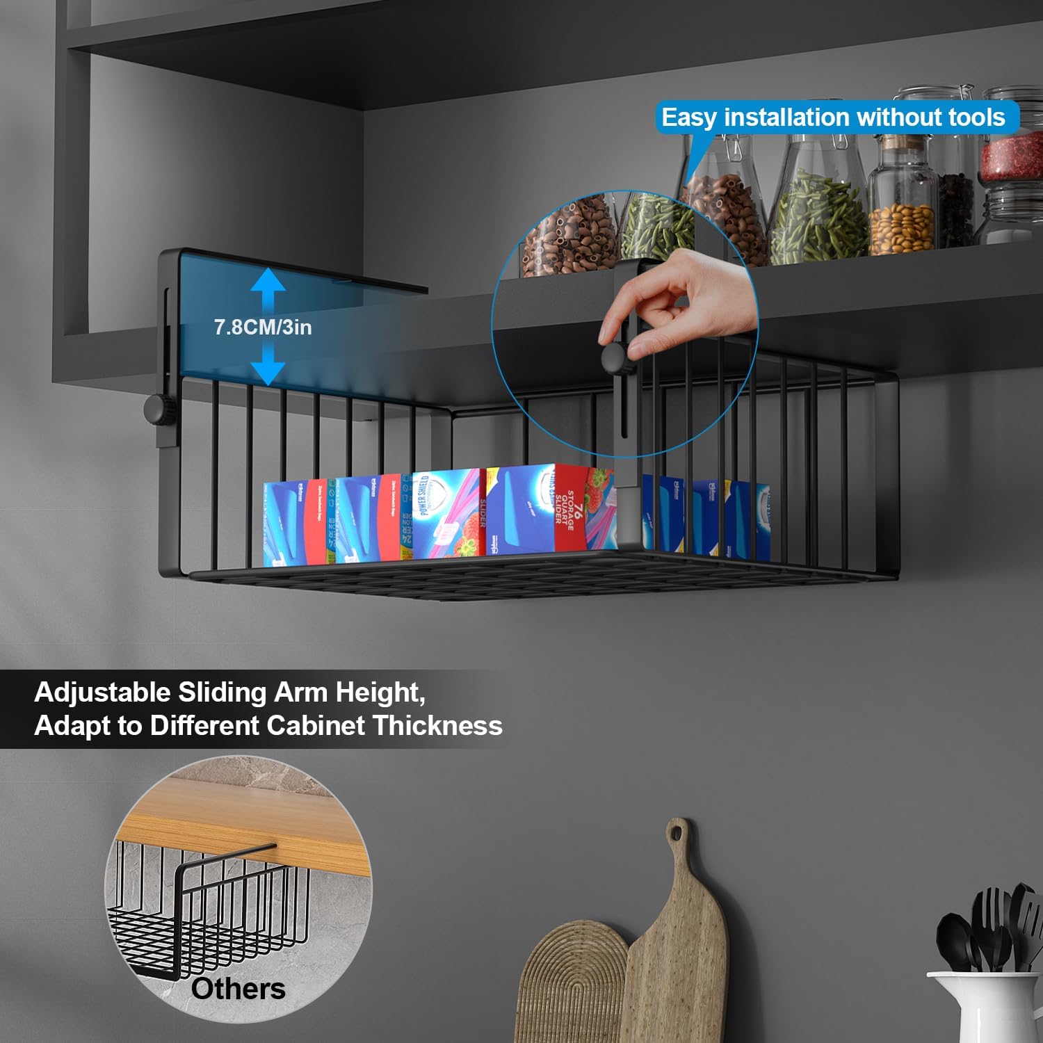2Pack Under Shelf Basket Organizer,Adjustable Hanging Holder Storage for Cabinet Pantry Kitchen Cupboard Desk Counter Bookshelf Organization Add-on Space Saver Heavy Duty Slide-in,Black - Image 2