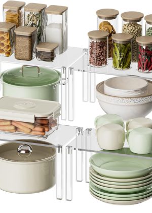 Clear Cabinet Organizer: Acrylic Shelf Riser Set of 4 for Kitchen Pantry Organizers and Storage - Countertop Spice Rack for Cabinet - Stackable Display Shelf Decor for Gift