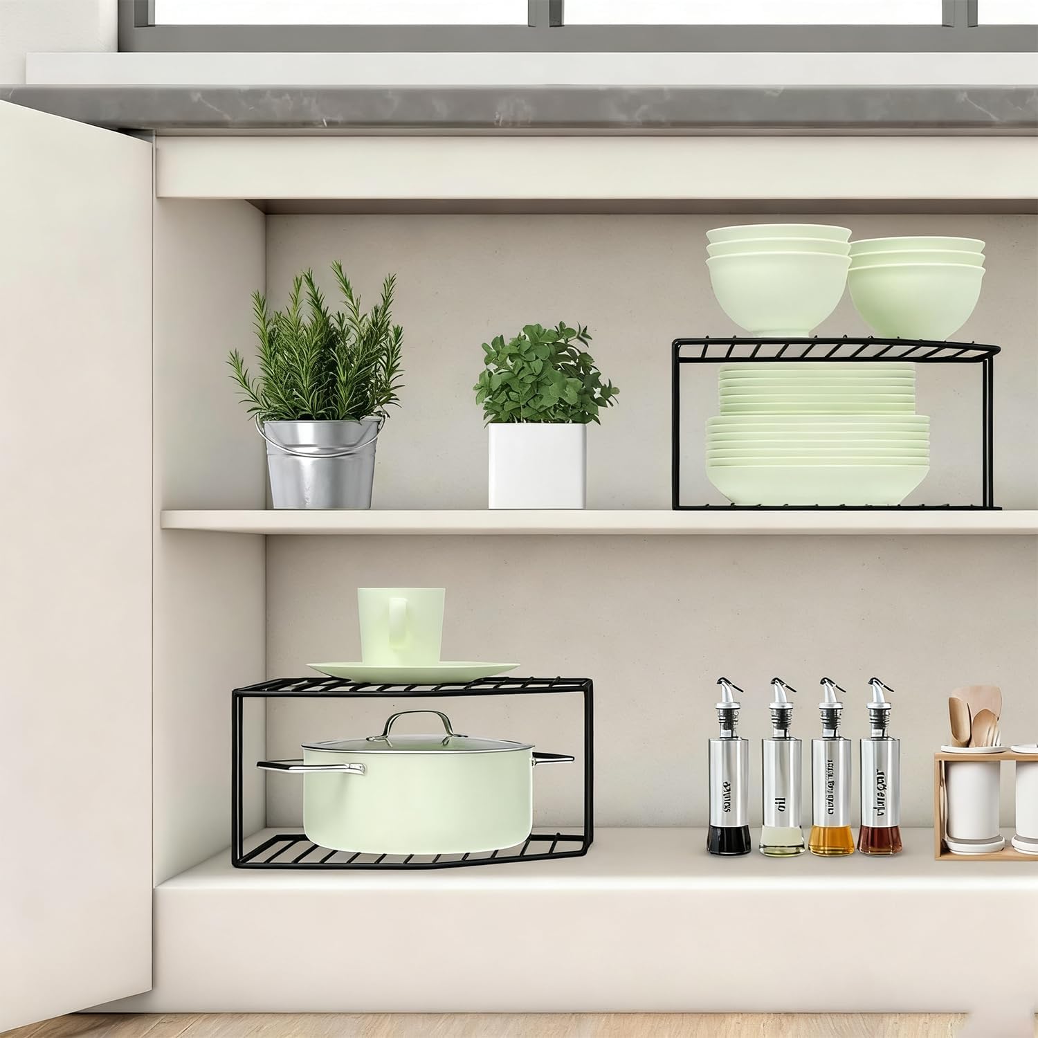 2Pcs 2-Tier Corner Stackable Organizer Shelf - Cabinet Storage Shelf Rack, Shelves,Kitchen Counter and Cabinet Shelf, Storage Rack Organizer for Kitchen (Black) - Image 2