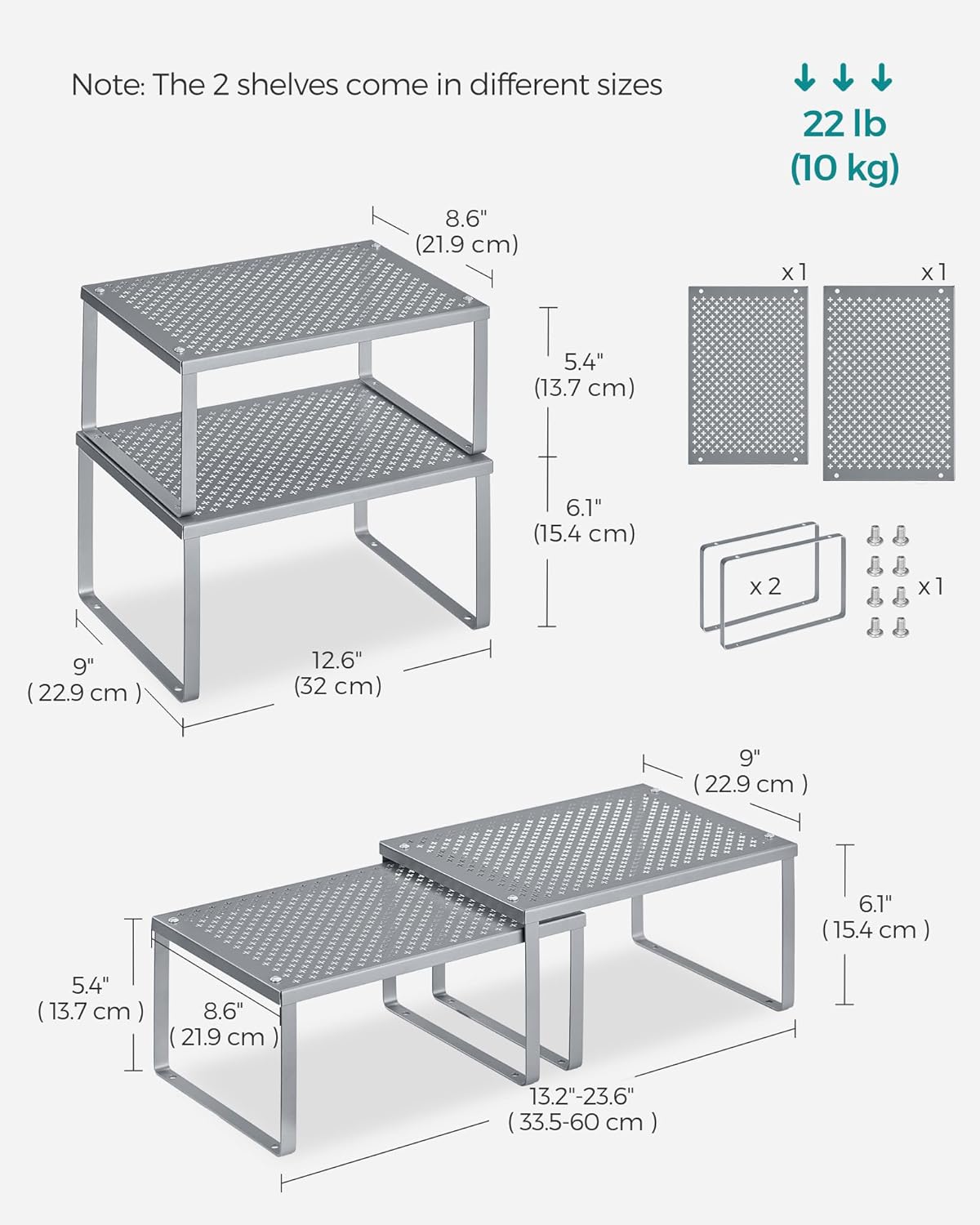 Spice Racks, Set of 2 Metal Cabinet Shelf Organizers, Countertop Organizers, Shelf Risers, Stackable, Expandable, Silver - Image 2
