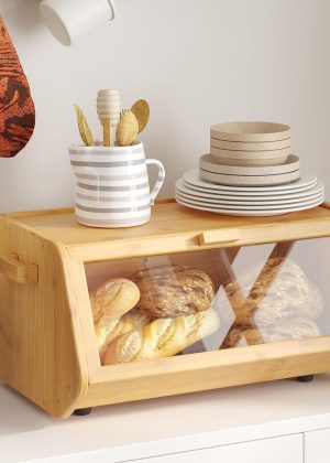 Bamboo Bread Box – Large capacity wooden kitchen countertop storage box with clear window, farmhouse style bread organizer