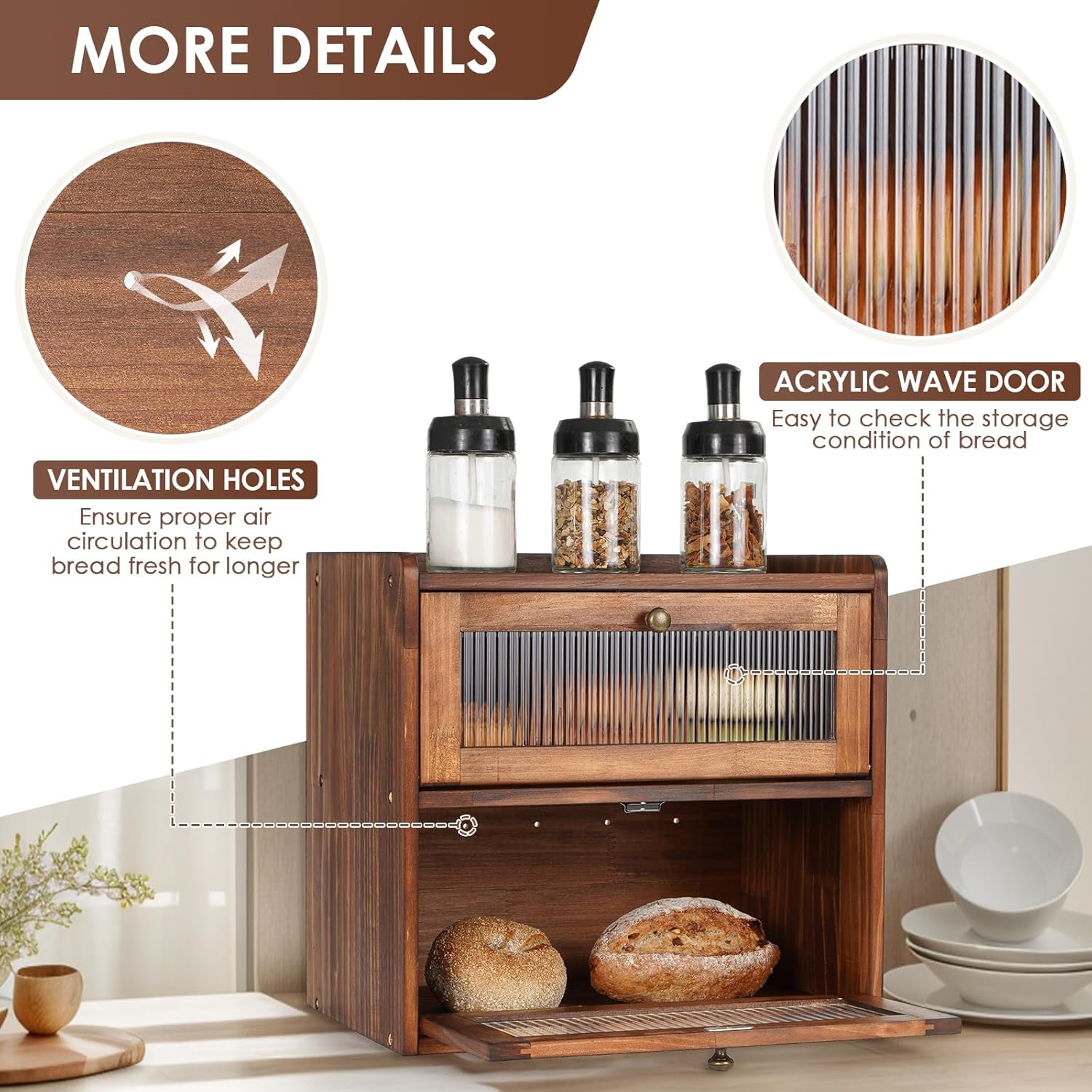 Double-layer bread box – large capacity wooden bread storage box with acrylic window, vintage farmhouse style, suitable for kitchen countertops and food storage shelves - Image 2