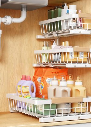 Under Sink Organizer, 1-Pack 3-Tier Height Adjustable Thickened Metal Pull out Cabinet Organizer Shelf, Slide out Storage Drawer Rack for Bathroom Kitchen Pantry Home Organization, White