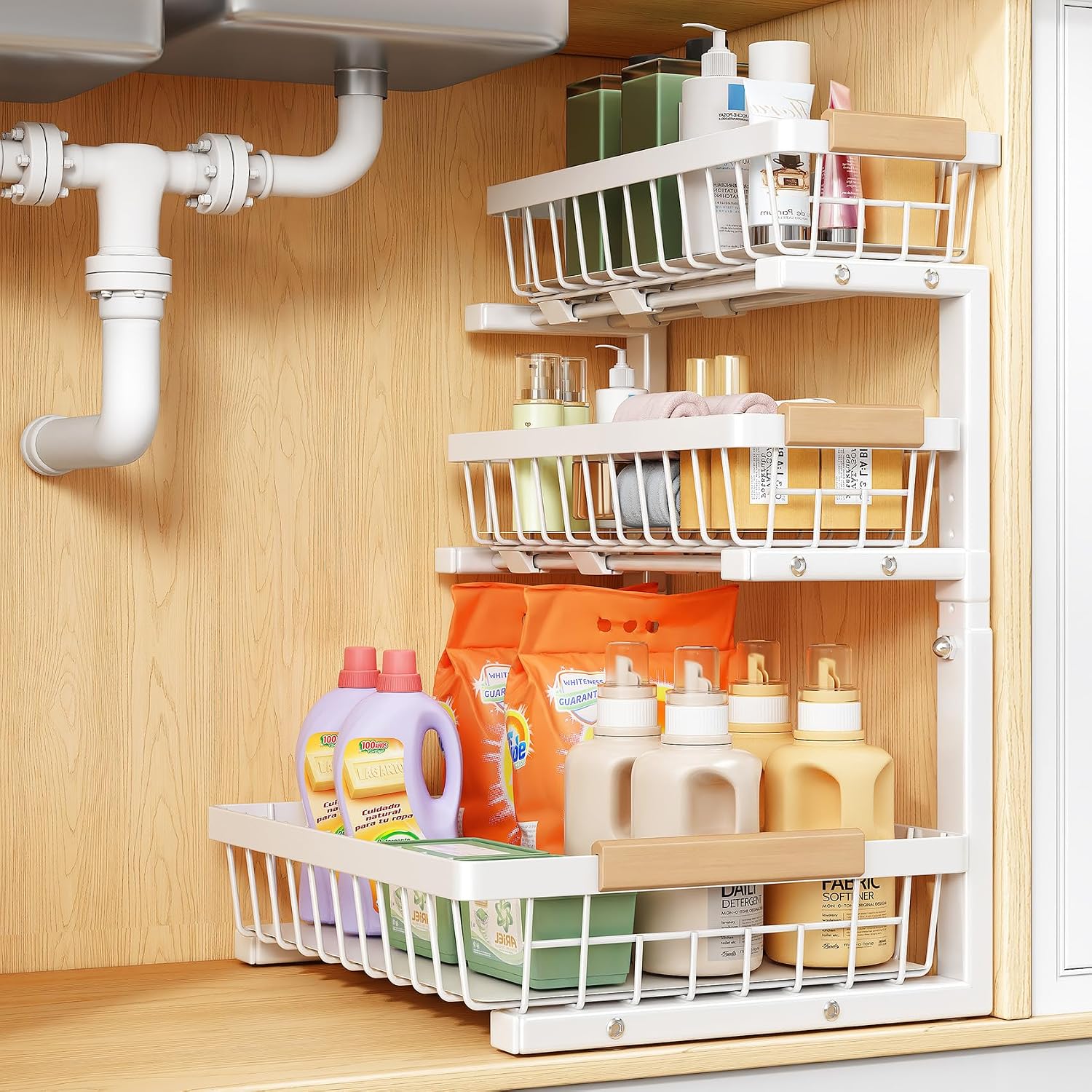 Under Sink Organizer, 1-Pack 3-Tier Height Adjustable Thickened Metal Pull out Cabinet Organizer Shelf, Slide out Storage Drawer Rack for Bathroom Kitchen Pantry Home Organization, White