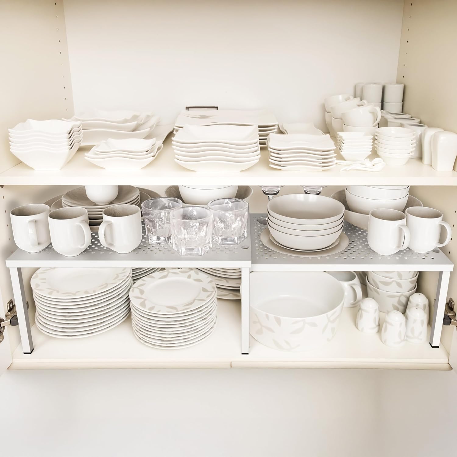 Expandable Stackable Kitchen Counter Shelf Organizer, White, Metal Top, 11.25"L x 7.9"W x 5.4"H - Image 2