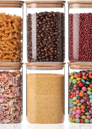 6-Pack Glass Storage Jars (37oz) – Square stackable jars with bamboo lids, suitable for sweets, cookies, rice, sugar, flour, pasta, nuts, and spices