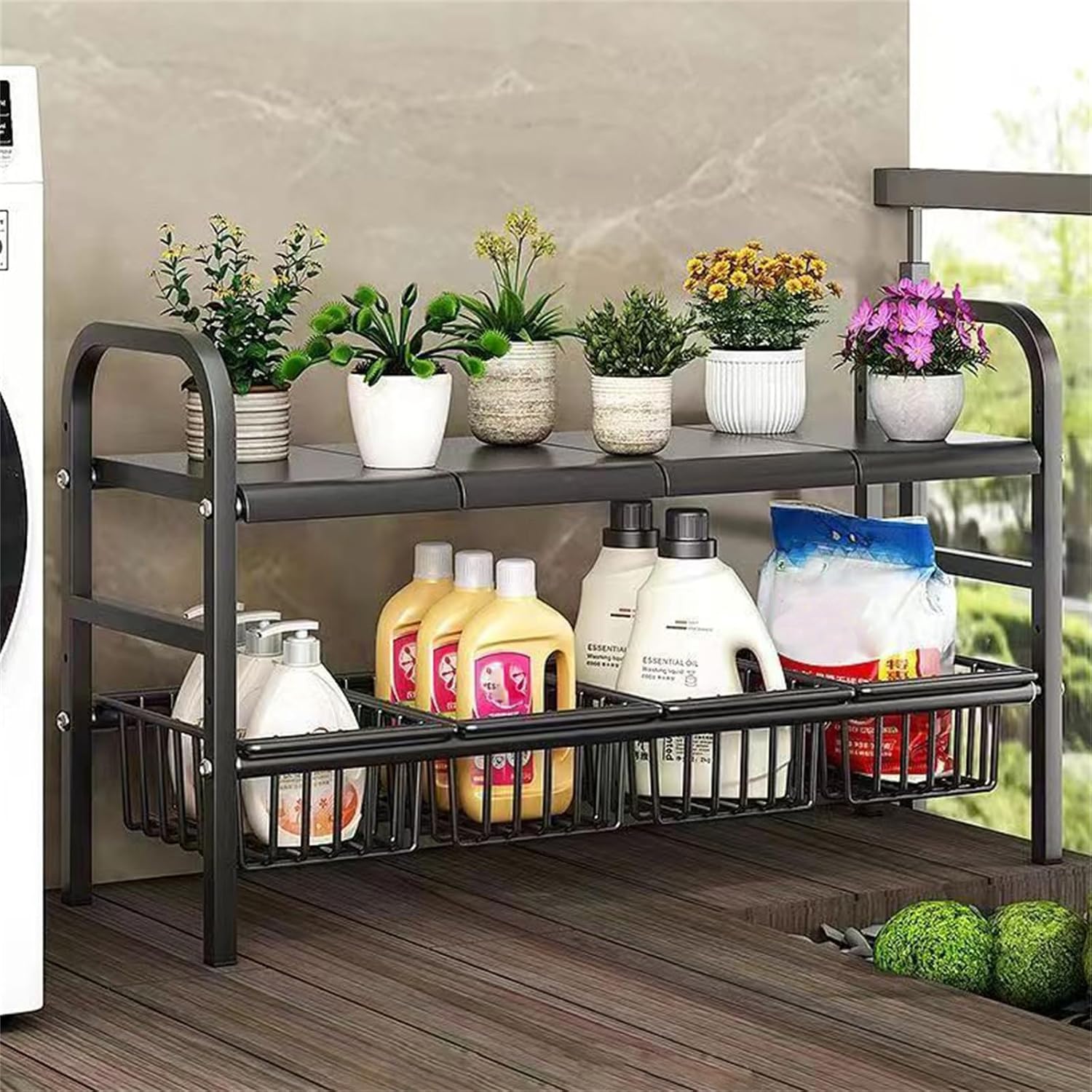 Under Sink Organizers, 2 Tier Stretchable Cabinet Shelf Organizer with 4 Removable Panels and 4 Under Shelf Basket for Under Bathroom Storage,Under Cabinet Shelves,kitchen Sink Storage Rack (black) - Image 2
