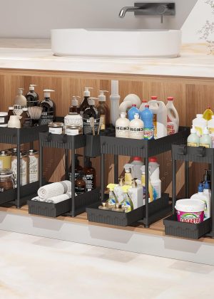 4 Pack Under Sink Organizer, Bathroom Organizers and Storage, 2 Tier Multi-Use Pull Out Cabinet Organizer with Hang Hooks and Cups (Black, 4 Pack)