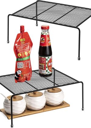 Kitchen Cupboard Organiser [ 2 Pack ], Home and Kitchen Storage Shelf Wire Rack for Kitchen Cabinets, Counter-Tops, Pantries, Food and Utensils (Black)