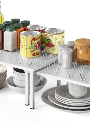 Expandable Stackable Kitchen Counter Shelf Organizer, White, Metal Top, 11.25"L x 7.9"W x 5.4"H