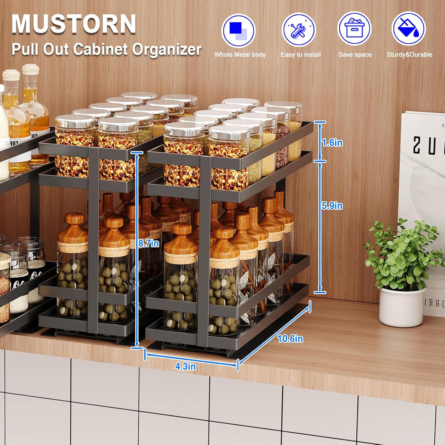 2 Pack Pull Out Spice Rack Organizer for Cabinet, 2 Tier Metal Slide Out Seasoning Organizer and Storage Heavy Duty Vertical Spice Rack Shelf Pullout for Kitchen Cabinets No Drilling (Black) - Image 2
