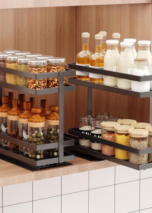 2 Pack Pull Out Spice Rack Organizer for Cabinet, 2 Tier Metal Slide Out Seasoning Organizer and Storage Heavy Duty Vertical Spice Rack Shelf Pullout for Kitchen Cabinets No Drilling (Black)