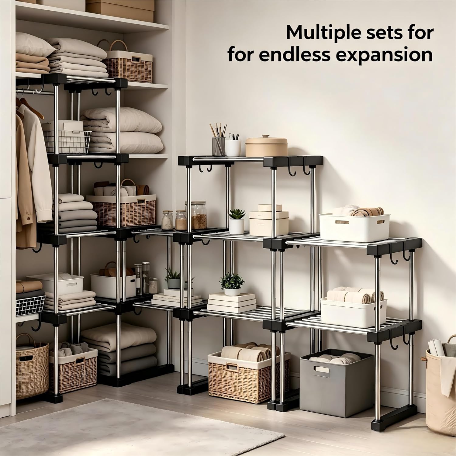 Expandable Under Sink Organizer, 2-Tier Adjustable Storage Shelf with Hooks, Heavy-Duty Stainless Steel Cabinet Rack for Kitchen Pantry & Bathroom Vanity, Stackable Organization System - Image 2