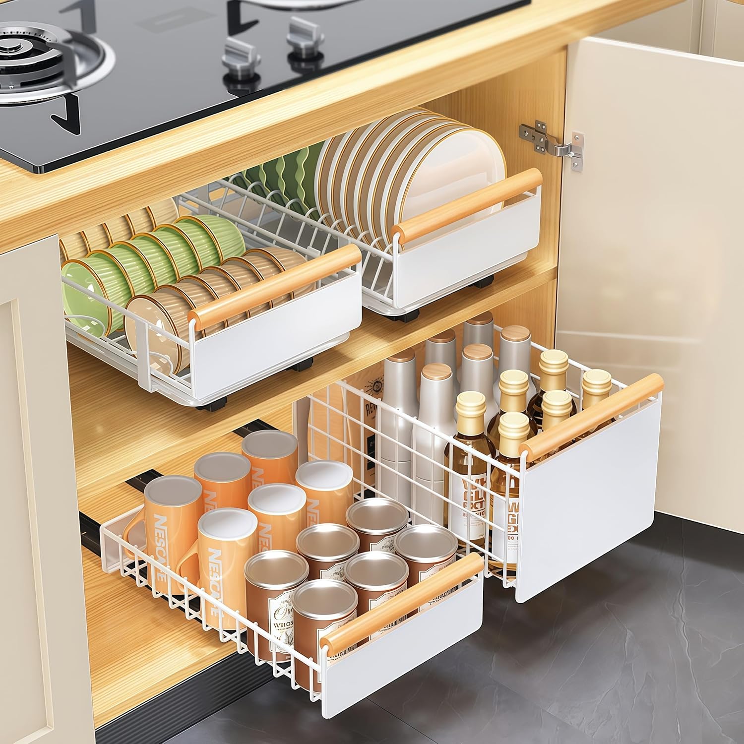 Pull Out Cabinet Organizer, Pull Out Basket Drawers for Cabinets, Slide Out Basket Drawers for Kitchen Cabinets, Cabinet Pull Out Shelves, Under Sink Organizer for Kitchen (Storage Rack Extra-Large)